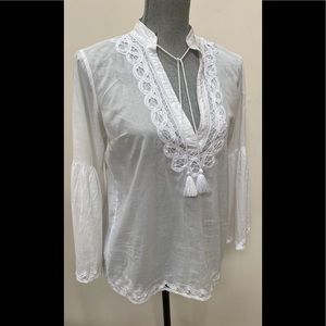 Ralph Lauren White Cotton Tassel Neck Tunic Blouse